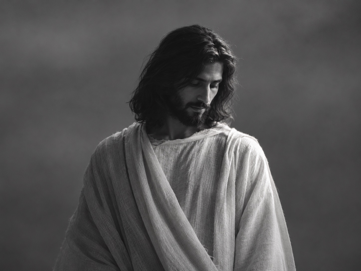 Künstlerische Schwarz-Weiß-Darstellung von Jesus mit gesenktem Blick und hellem Gewand.